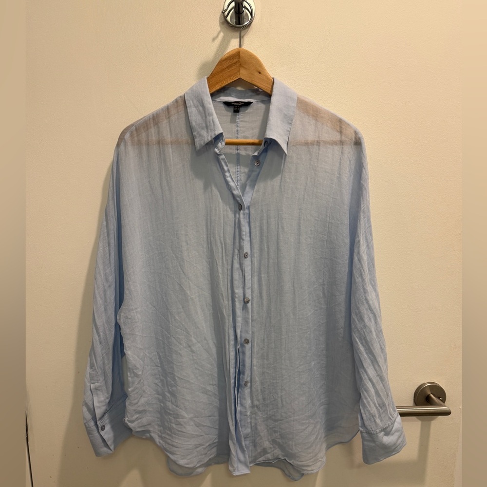 Massimo Dutti Light Blue Button-Up Ramie Shirt